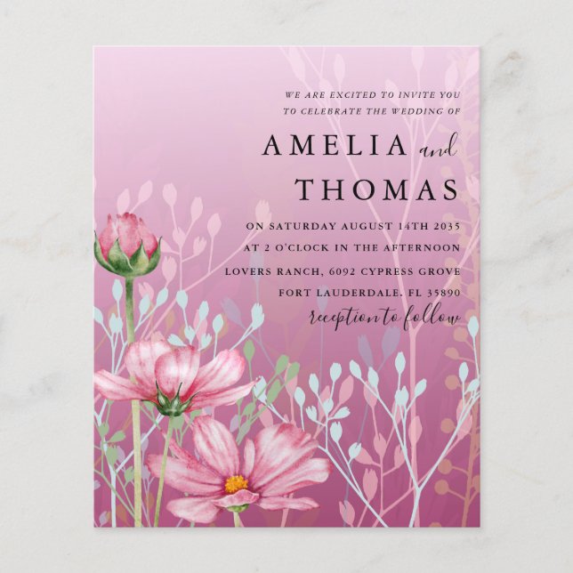 Convite de Casamento com Grama e Folhagem Rosa Orç (Frente)