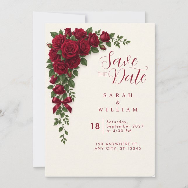 Convite de Casamento com Grinalda de Rosa Vermelha (Frente)