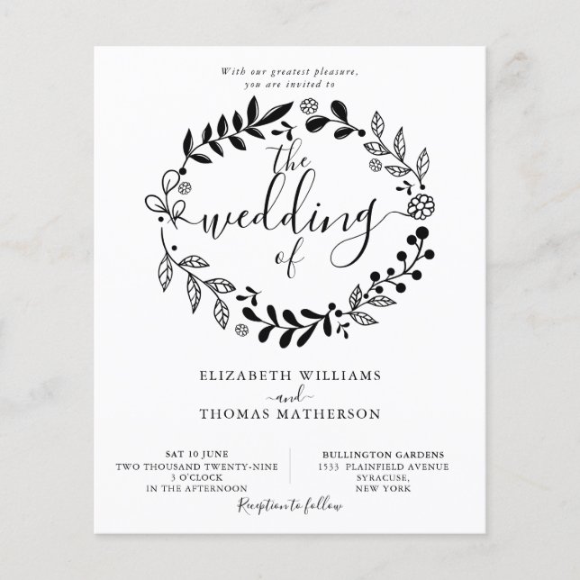 Convite de Casamento com Guirlanda Preto e Branco  (Frente)