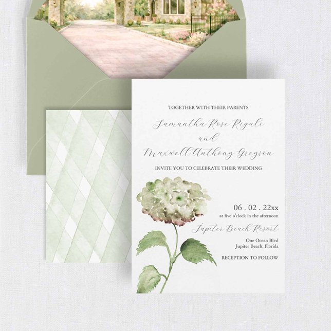 Convite de Casamento com Hortênsia Branca Convites (Watercolor flower wedding invitations with venue envelope liner and green hydrangeas)