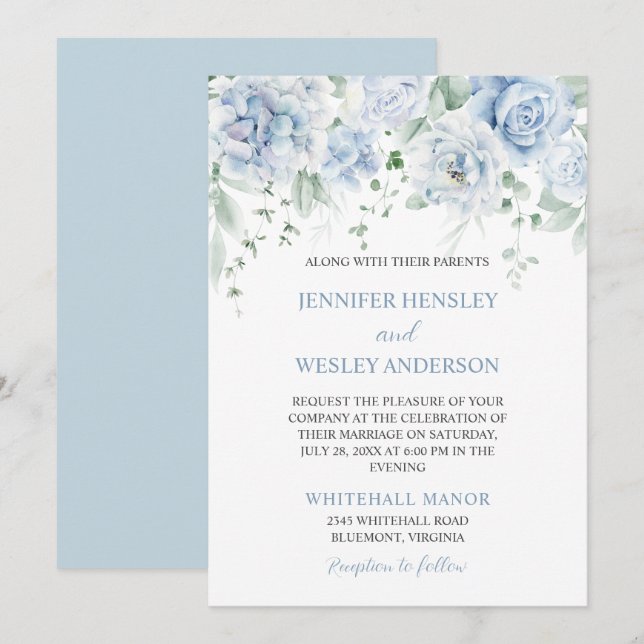 Convite de Casamento com Hortênsias Rosas Azul Pál (Frente/Verso)