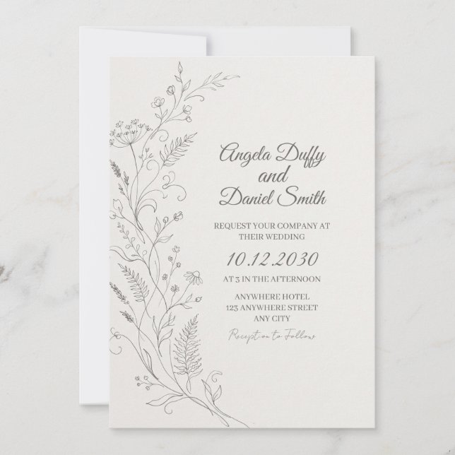 Convite de Casamento com Ilustração Delicada de Fl (Frente)