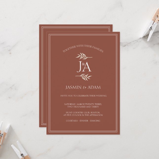 Convite de Casamento com Iniciais Clássicas em Ter (Frente/Verso In Situ)