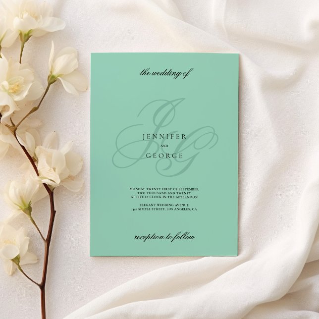 Convite de casamento com iniciais monograma em ver (Minimalist mint green monogram initials wedding)
