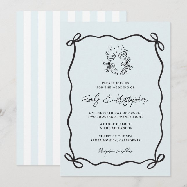 Convite de Casamento com Laço Azul Coquete (Frente/Verso)