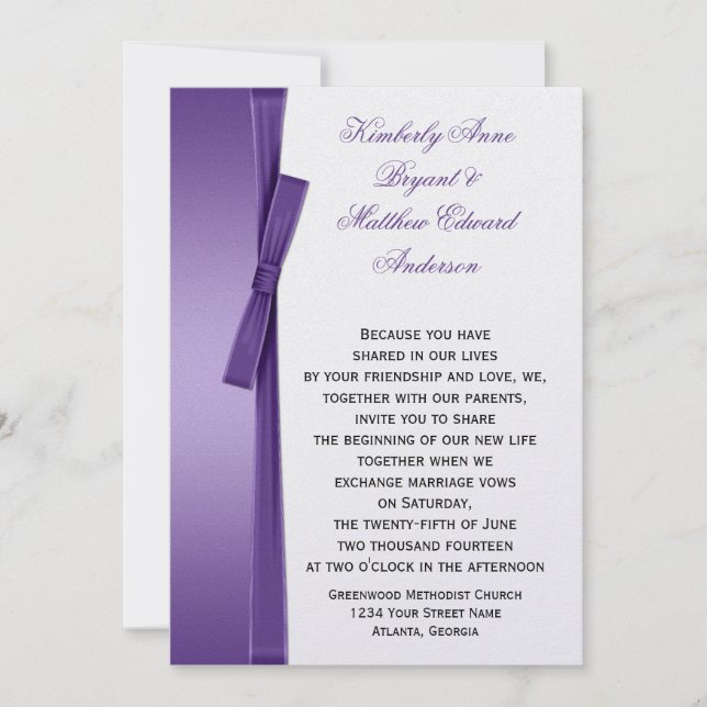 Convite de Casamento com Laço de Fita FAUX Roxo Br (Frente)