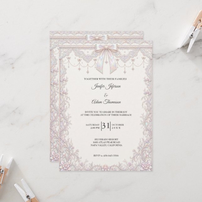 Convite de Casamento com Laço de Renda Iridescente (Frente/Verso In Situ)