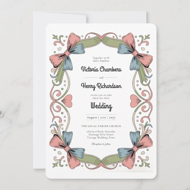 Convite de Casamento com Laço Pastel Retro Rockabi (Frente)