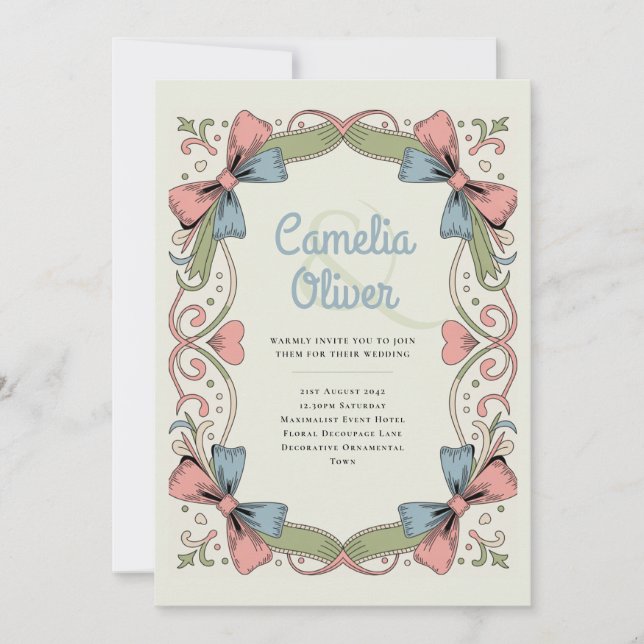 Convite de Casamento com Laço Pastel Retro Rockabi (Frente)