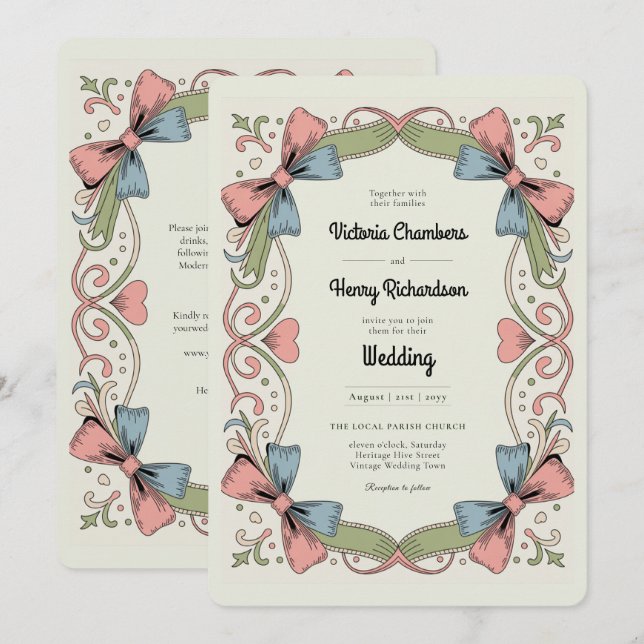 Convite de Casamento com Laço Pastel Retro Rockabi (Frente/Verso)