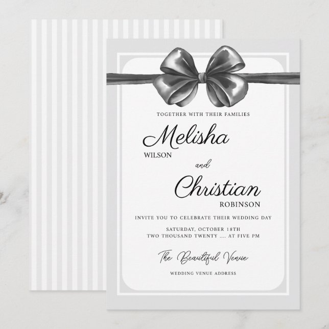 Convite de Casamento com Laço Preto Luxuoso. (Frente/Verso)