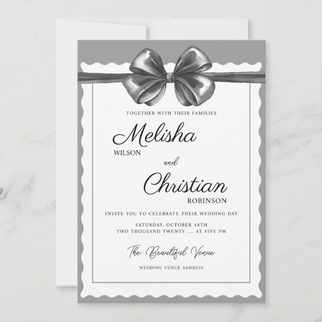 Convite de casamento com laço preto luxuoso. (Frente)