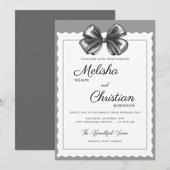 Convite de Casamento com Laço Preto Luxuoso. (Frente/Verso)