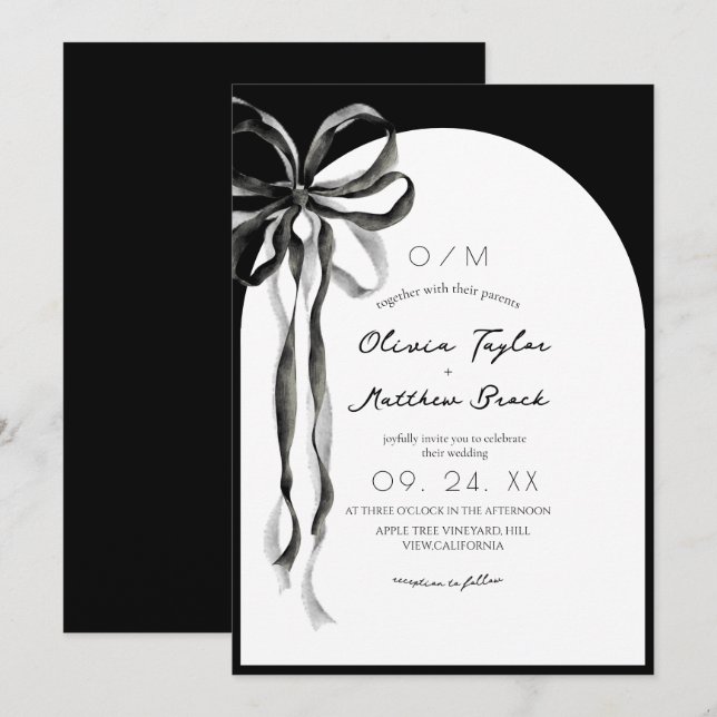 Convite de Casamento com Laço Preto Moderno em Aqu (Frente/Verso)