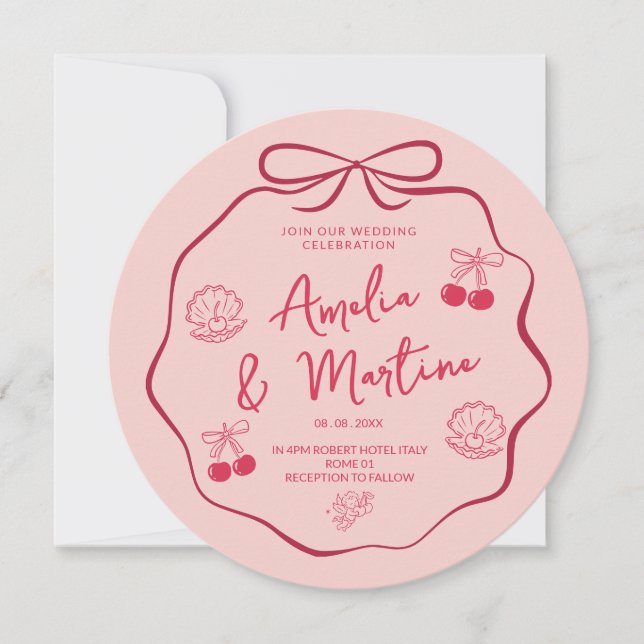 convite de casamento com laço rabiscado de rosa ca (Frente)
