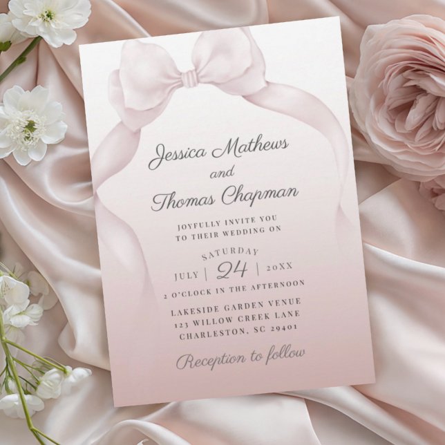 Convite de Casamento com Laço Rosa Elegante (Criador carregado)