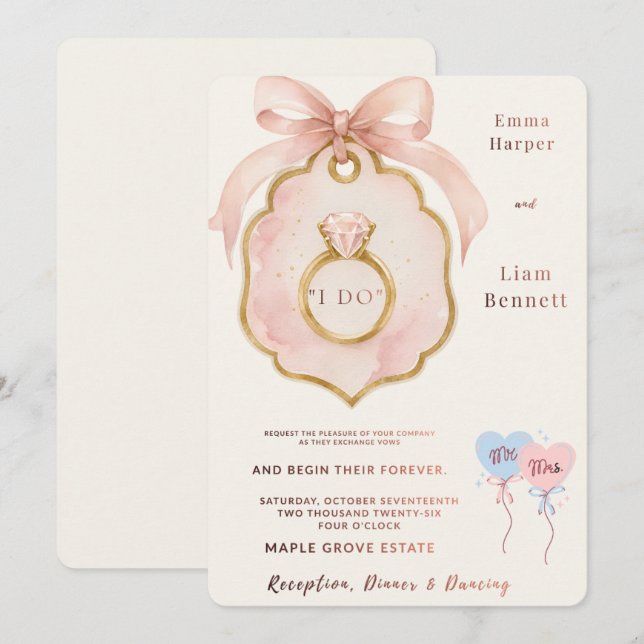 Convite de Casamento com Laço Rosa Elegante | Edit (Frente/Verso)