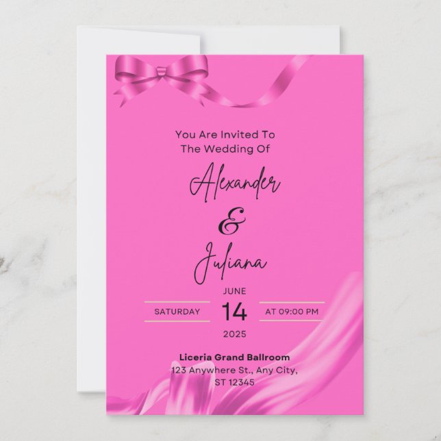 Convite de Casamento com Laço Rosa Moderno para Ca (Frente)
