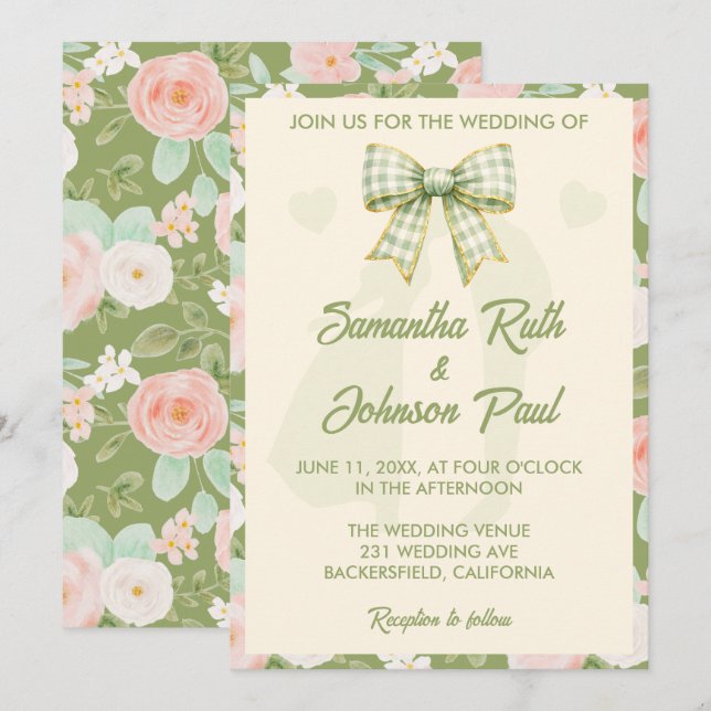 Convite de Casamento com Laço Xadrez Verde Flor Si (Frente/Verso)