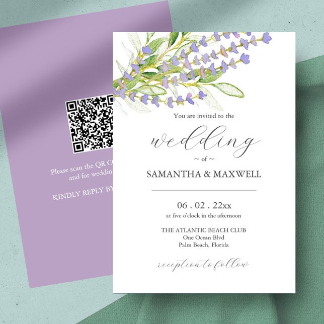 Convite de Casamento com Lavanda Botânica de Códig (Eco friendly wedding invitation QR code features watercolor lavender art by Victoria Grigaliunas)