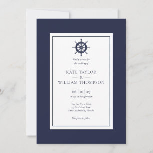 Convite de casamento com leme de navio azul marinh