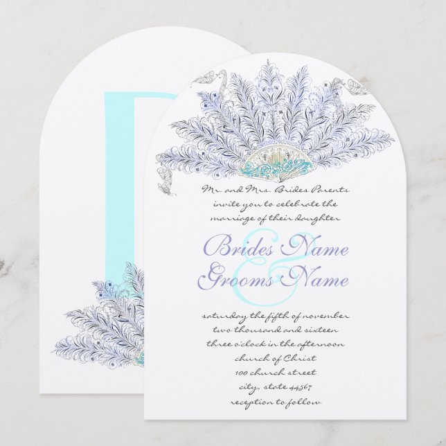 Convite de Casamento com Leque de Plumas Vintage (Frente/Verso)
