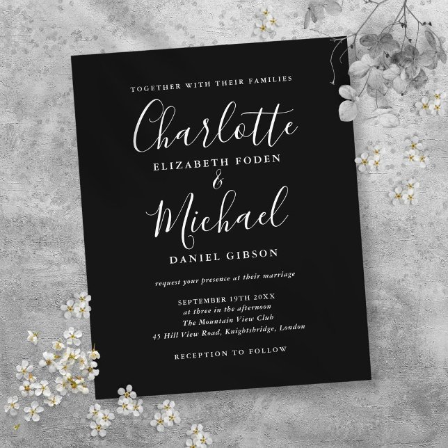 Convite de Casamento com Letra de Cursiva Preto e  (Budget Black White Script Wedding Invitation)