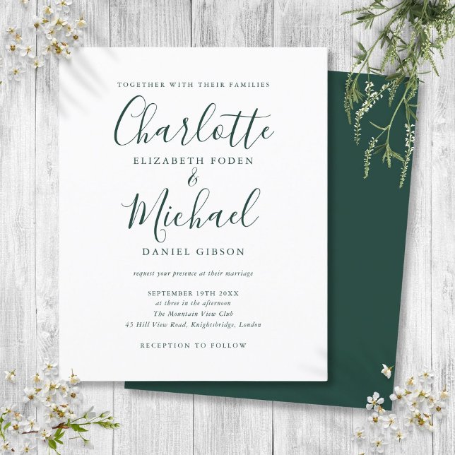 Convite de Casamento com Letra Emerald Verde Esmer (Budget Emerald Green Script Wedding Invitation)