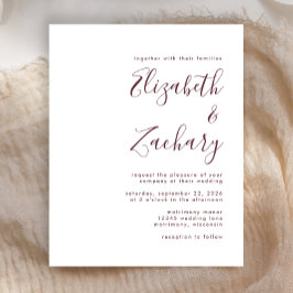 Convite de Casamento com Letra Moderna Burgundy Or