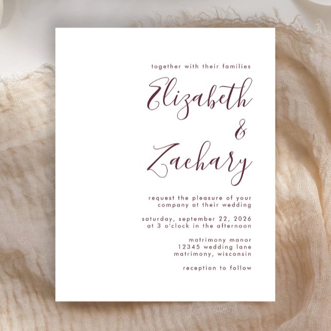 Convite de Casamento com Letra Moderna Burgundy Or (Criador carregado)