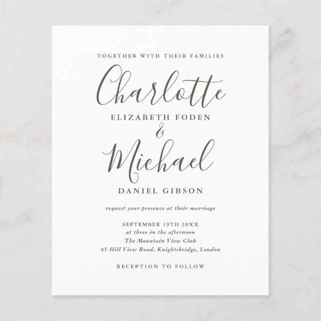 Convite de Casamento com Letra Olive Simples e Orç (Frente)