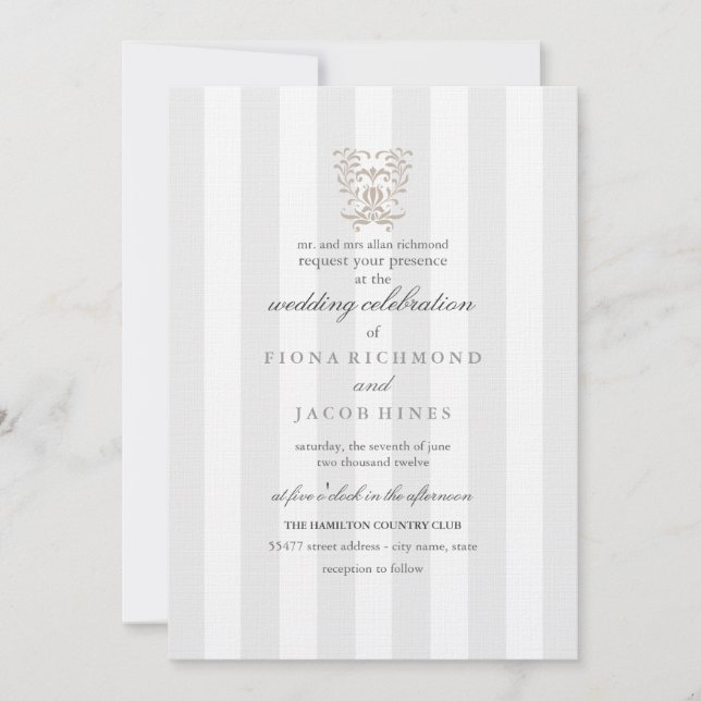 Convite de Casamento com Listras Cinzas e Damask M (Frente)