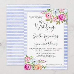 Convite de Casamento com Listras e Aquarela Floral