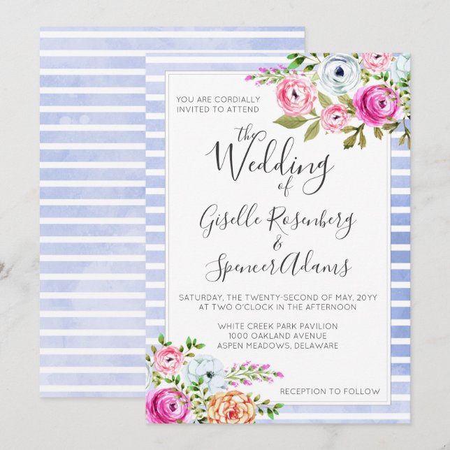 Convite de Casamento com Listras e Aquarela Floral (Frente/Verso)