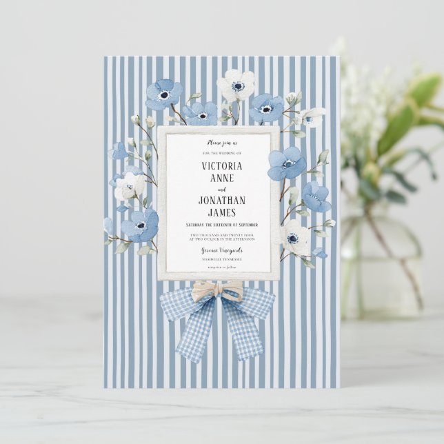 Convite de Casamento com Listras Florais Azuis Vin (Em pé/Frente)