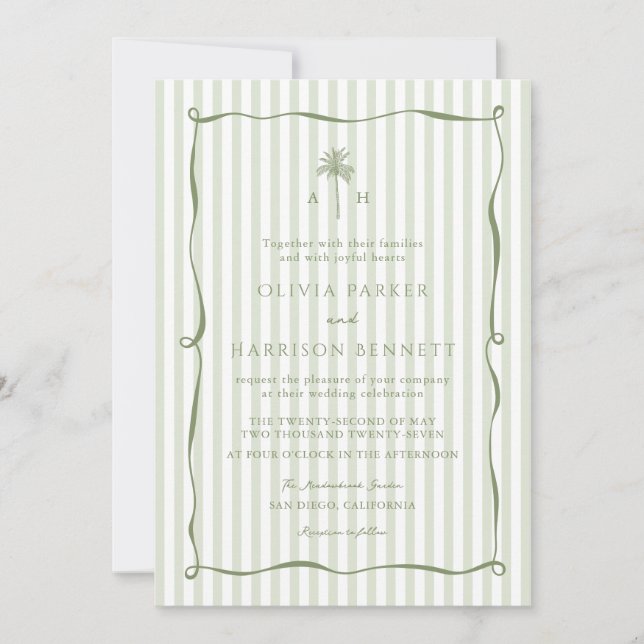 Convite de Casamento com Listras Verde Sálvia e Pa (Frente)