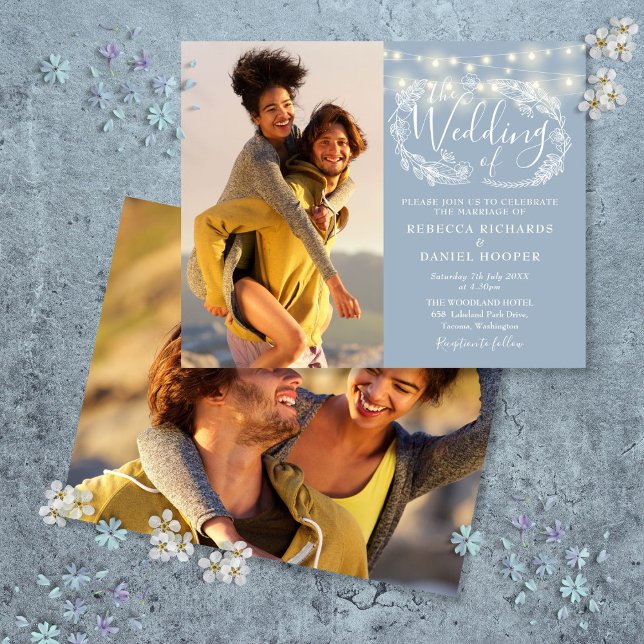 Convite de Casamento com Luzes Azuis em Poeira Orç (Budget Dusty Blue Lights 2 Photo Wedding Invite)