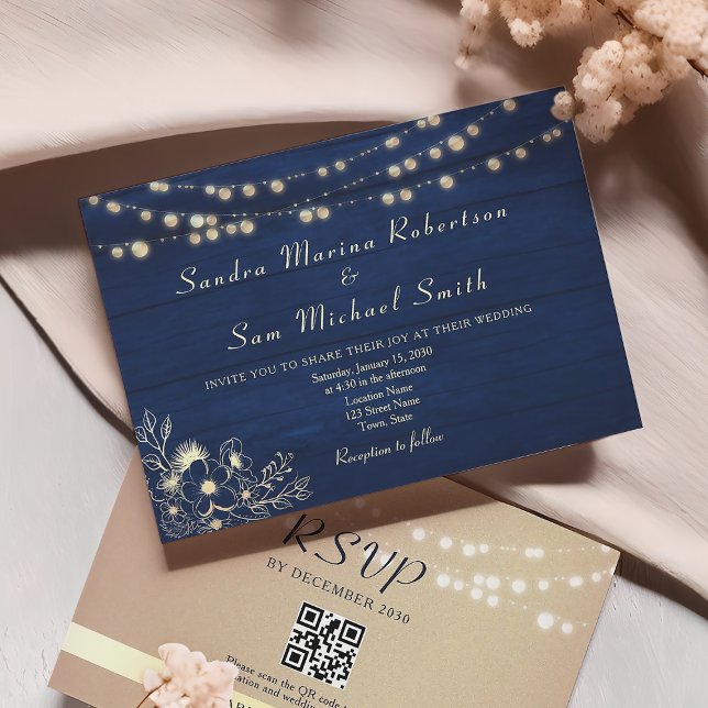 Convite de Casamento com Luzes de Corda Azul Marin (Criador carregado)