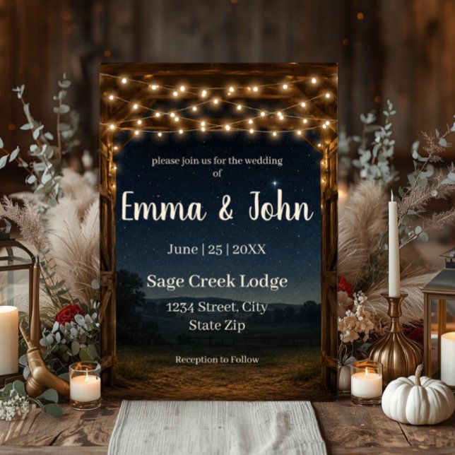 Convite de Casamento com Luzes de Corda de Celeiro (Rustic barn wedding invitation with string lights and starry sky for country and lodge weddings.)