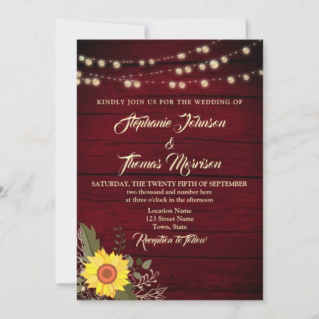 Convite de Casamento com Luzes de Corda e Girassói (Frente)