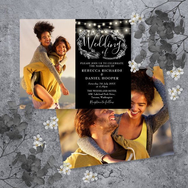 Convite de Casamento com Luzes de Corda Pretas 2 F (Budget Black String Lights 2 Photo Wedding Invite)