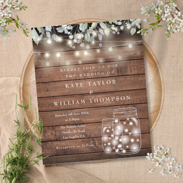 Convite de Casamento com Luzes de Madeira Rústica  (Budget Rustic Wood Lights Mason Jar Wedding Invite)