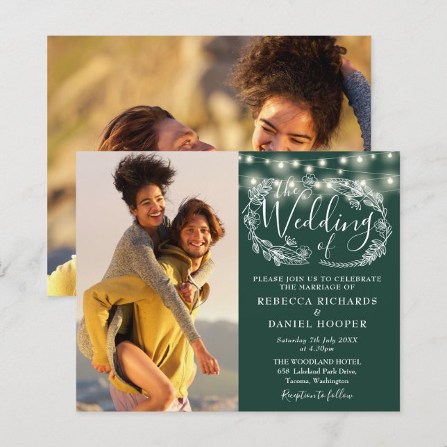 Convite de Casamento com Luzes Esmeralda Verde Orç (Frente/Verso)