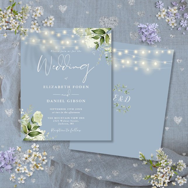 Convite de Casamento com Luzes Florais em Azul Emp (Budget Floral Lights Dusty Blue Wedding Invitation)
