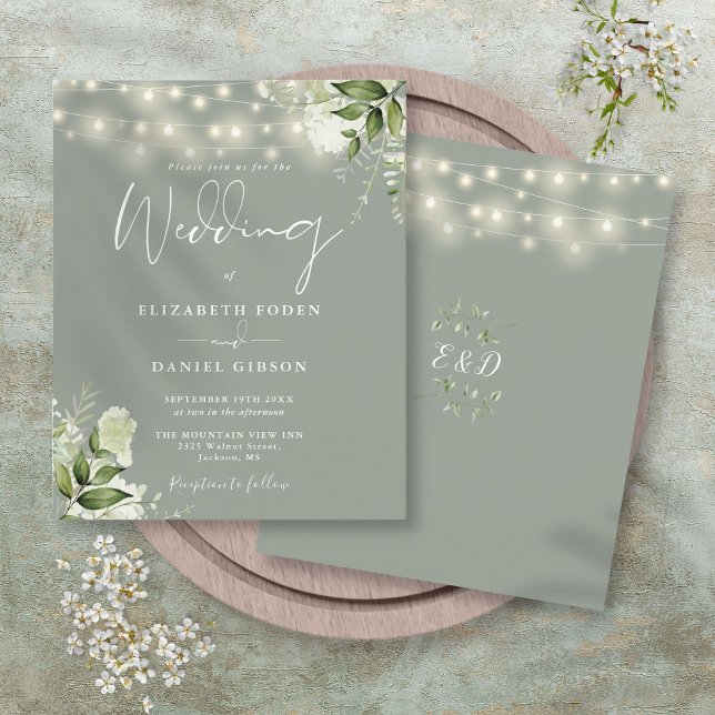 Convite de Casamento com Luzes Florais em Verde Sa (Budget Floral Lights Sage Green Wedding Invitation)