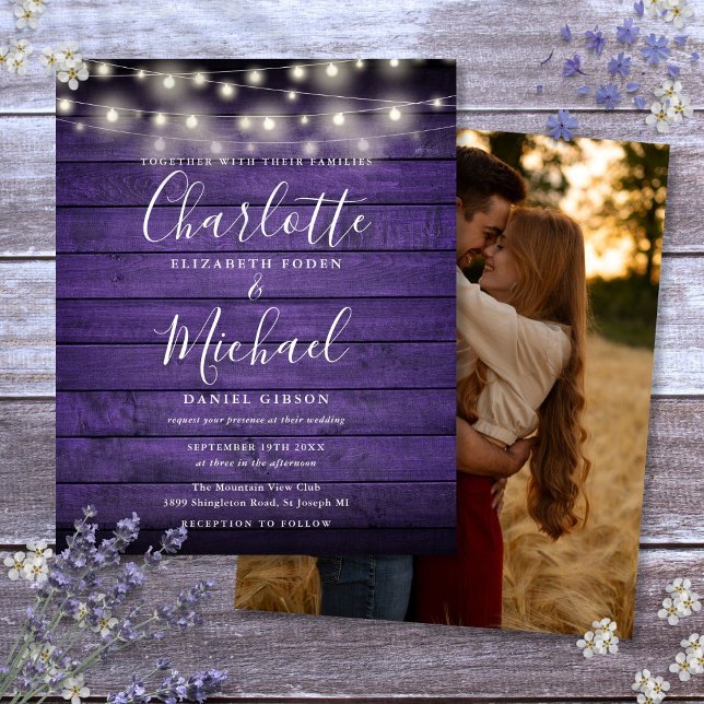 Convite de Casamento com Luzes Rústicas Roxas Orça (Budget Purple Rustic Lights Photo Wedding Invite)