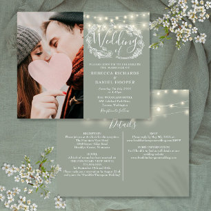 Convite de Casamento com Luzes Verde Sage em Foto