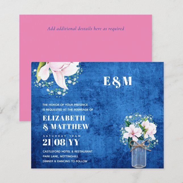 Convite de Casamento com Magnólias Rosa Floral Orç (Frente/Verso)