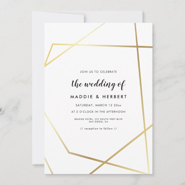 Convite de casamento com moldura a ouro geométrica (Frente)