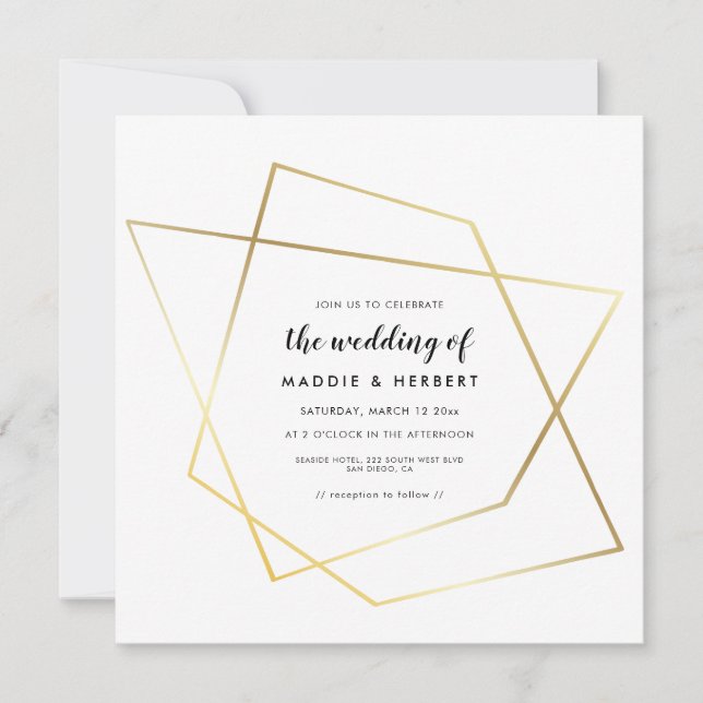 Convite de casamento com moldura a ouro geométrica (Frente)